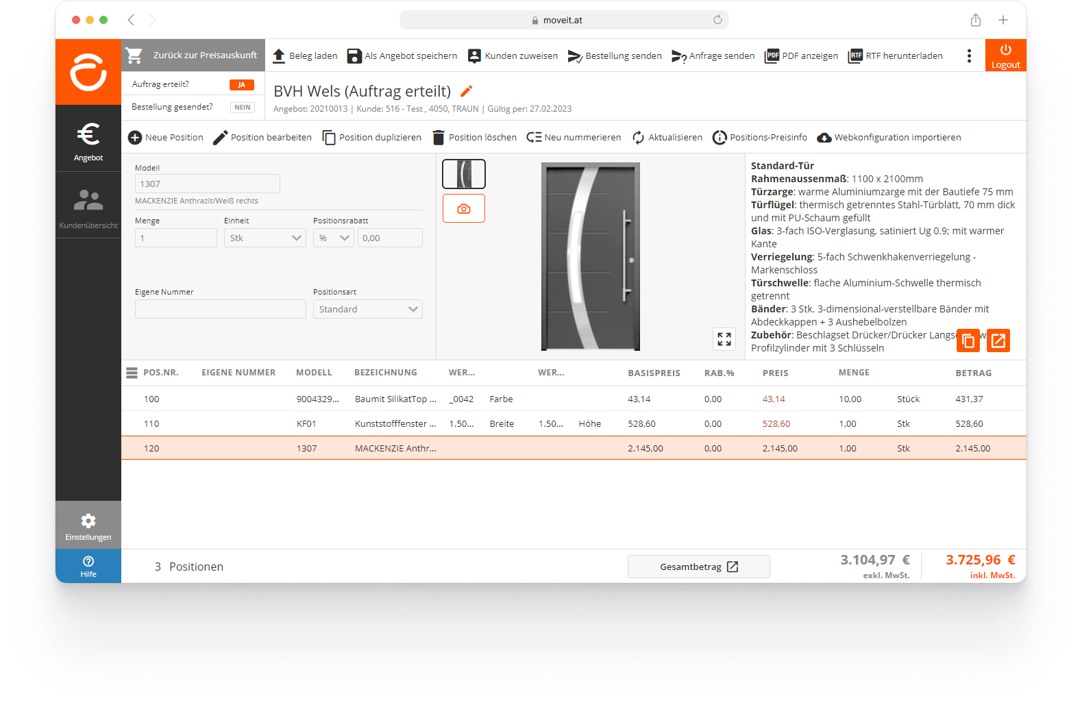 Positionsübersicht moveIT EASY mit Positionsgrafik und Positionstext