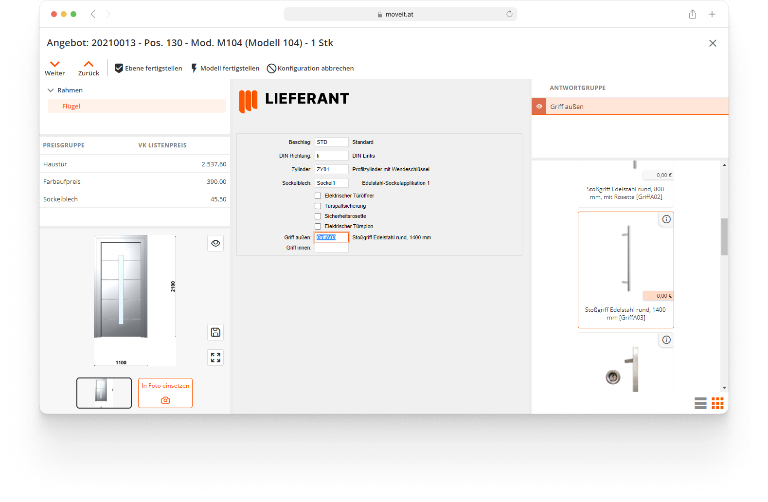 moveIT Konfigurator in moveIT EASY mit Grafik und Preisberechnung zur Laufzeit