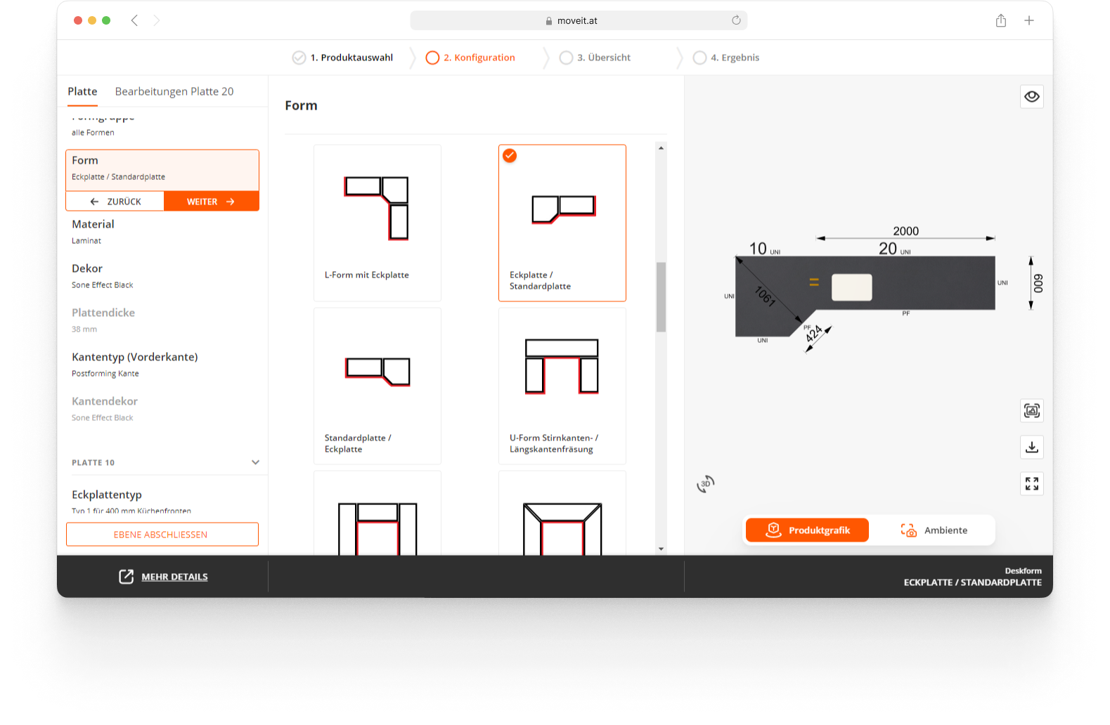 moveIT WEBCON Arbeitsplatten-Konfiguration mit Preisberechnung und 3D Grafik zur Laufzeit