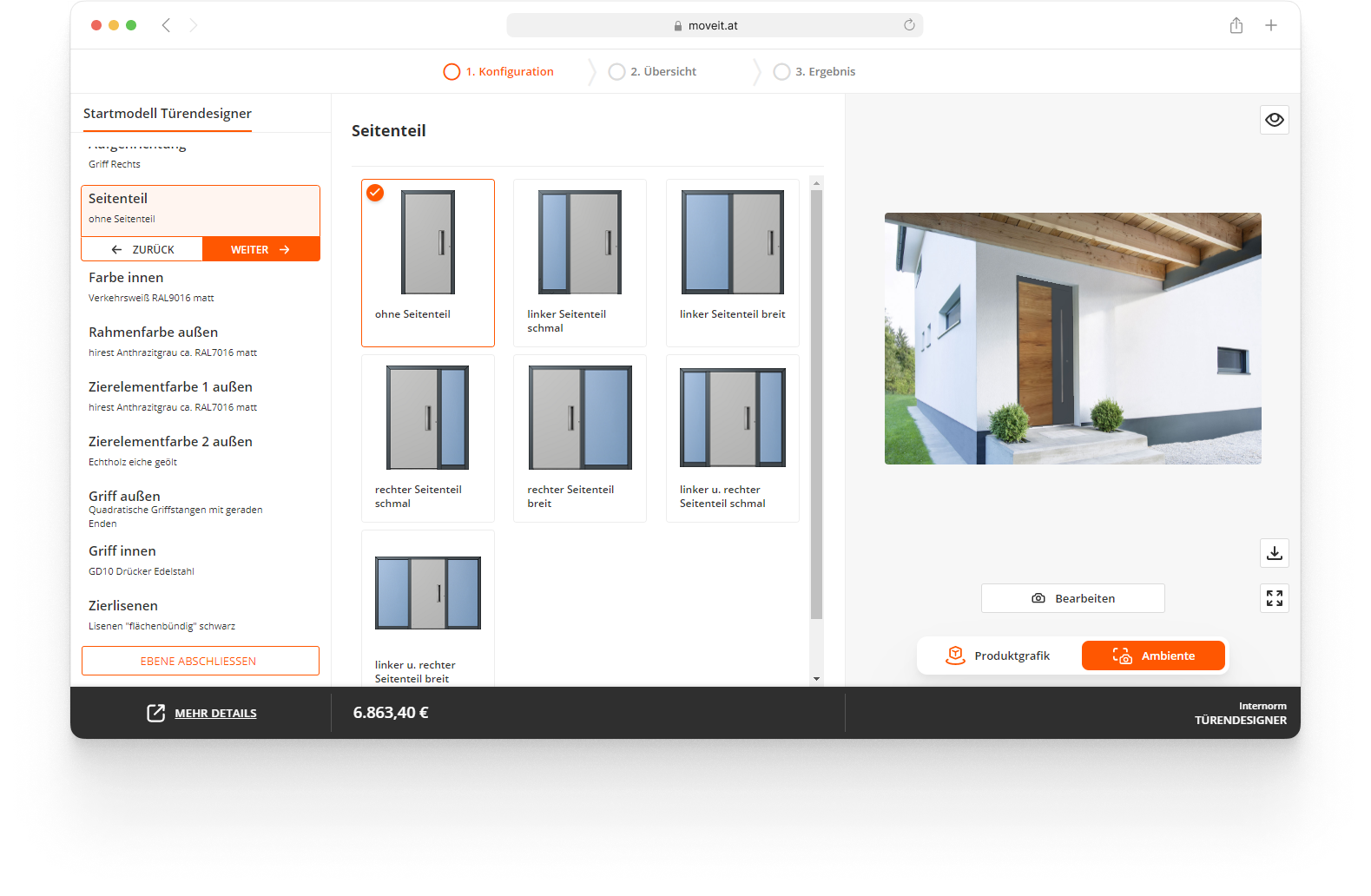 moveIT WEBCON Haustür-Konfiguration mit Preisberechnung und 3D Grafik zur Laufzeit und Grafik im moveIT WEBCON Designer in eine Hausfront integriert