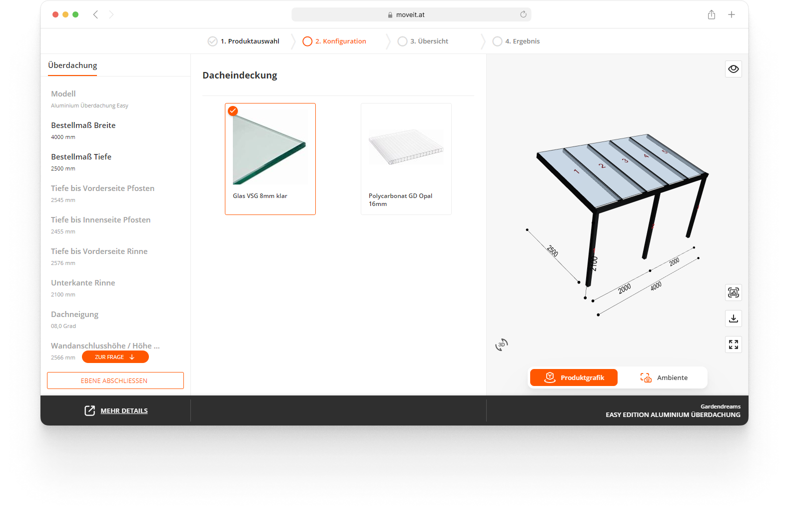 moveIT WEBCON Terassenüberdachung-Konfiguration mit Preisberechnung und 3D Grafik zur Laufzeit